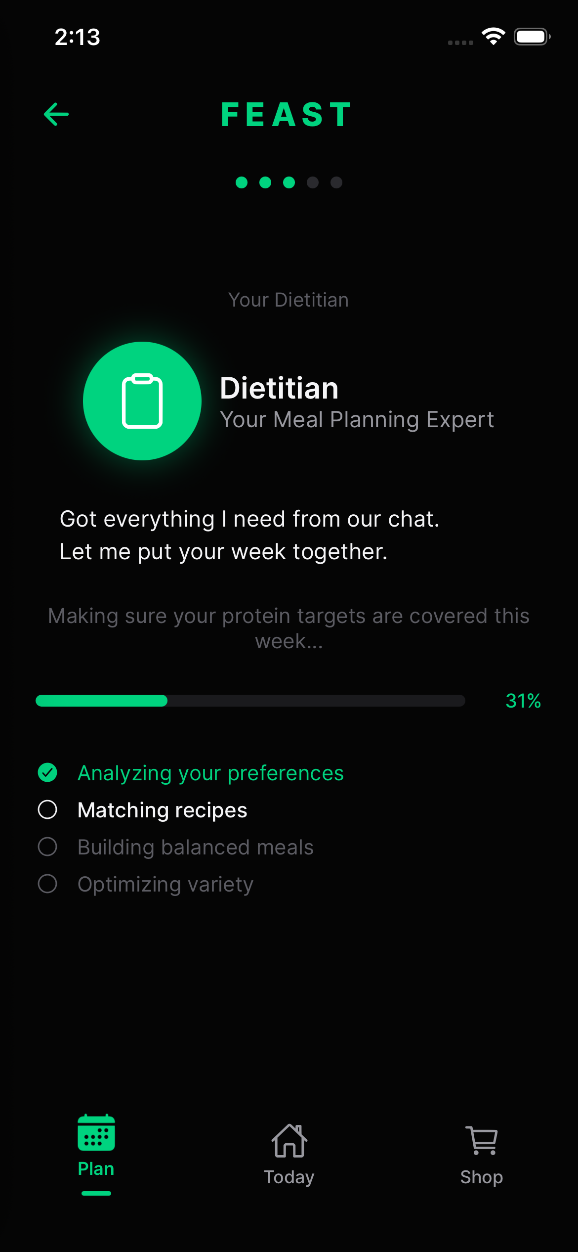 Feast app — Dietitian generating meal plan